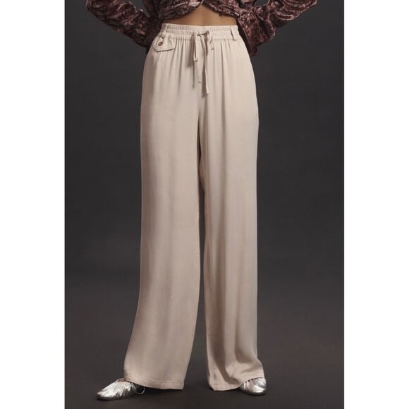 Maeve Anthropologie Beige Straight-Leg Pull-On Silk Pants Size L Elastic Waist - Picture 3 of 6
